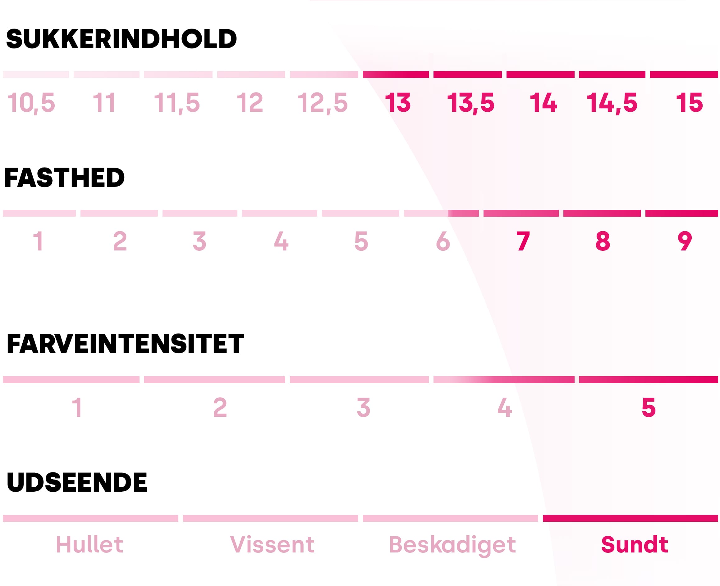 Tabel over Pink Lady®-æblets forskellige værdier: Sukkerindhold: 13/15, fasthed: 6,5/9, farvestyrke: 4,5/5 og udseende: sundt.